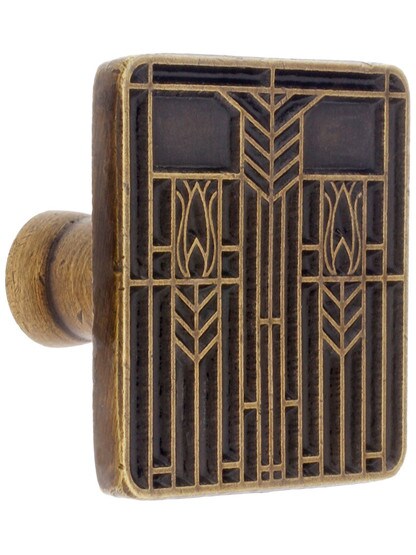 1 1/4 inch Square Prairie Tulips Knob in Antique Brass.